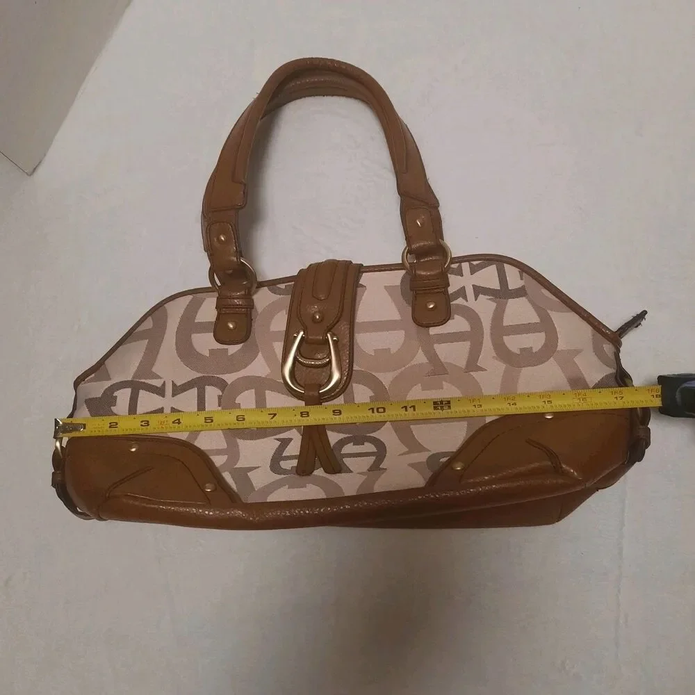 Etienne Aigner Signature Canvas Leather Satchel Shoulder Bag Brown Tan Monogram